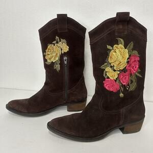 Andrea Brown Leather Western Boots Floral Embroidered Women's US 7.5 Mex 24.5